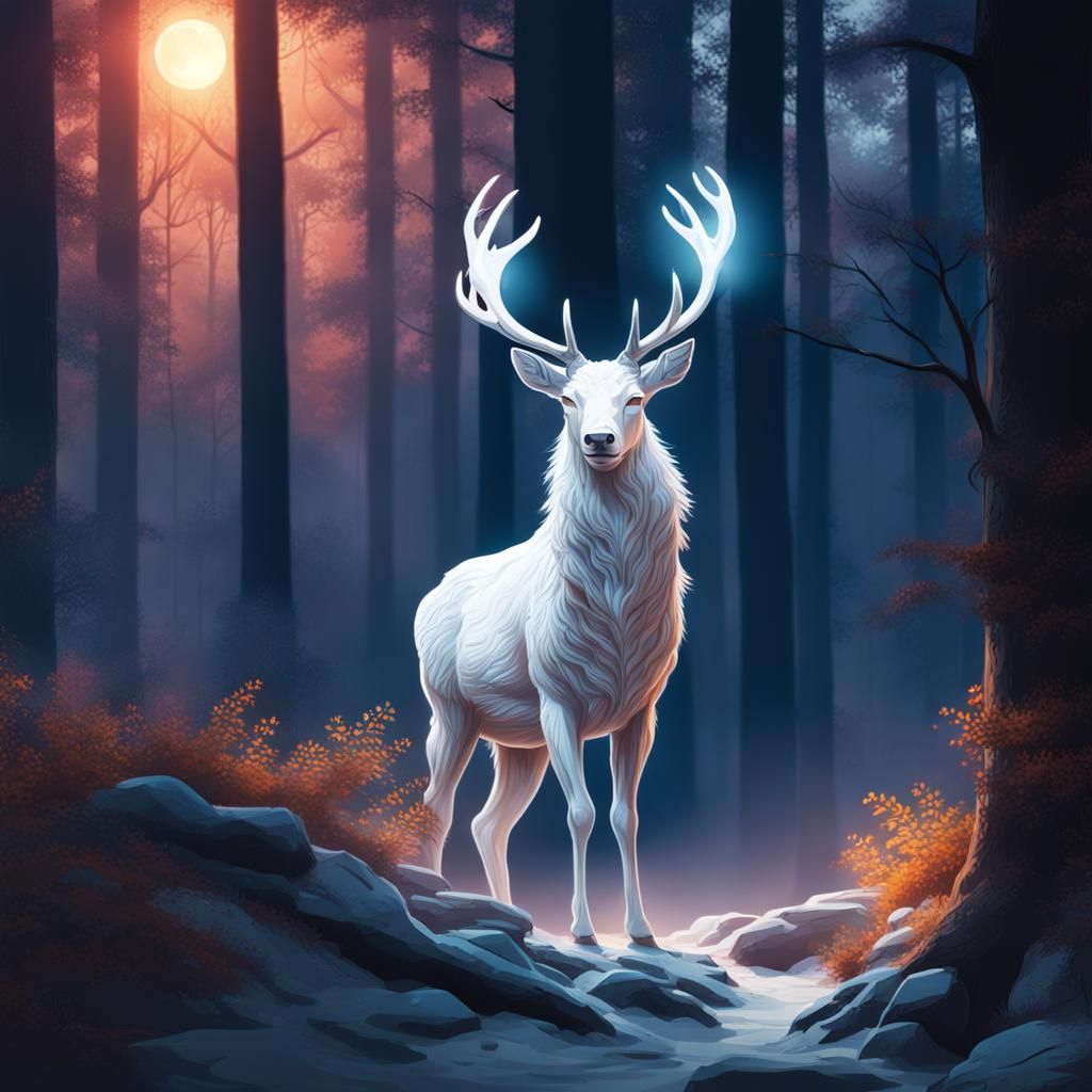 Glowing Stag in Moonlit Forest: Hyperrealistic Concept Art
