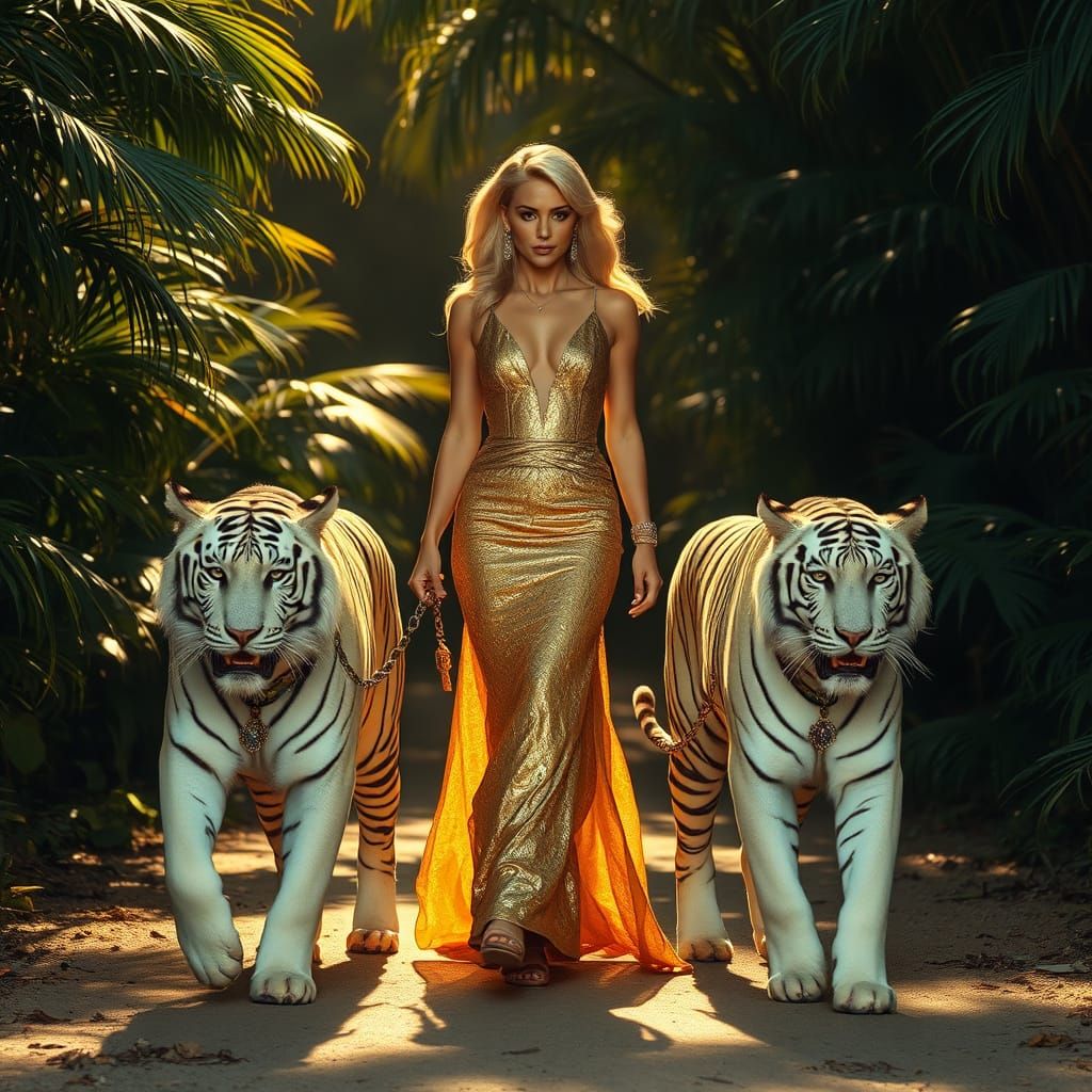 Golden Bombshell Striding Through Jungle with Tigers