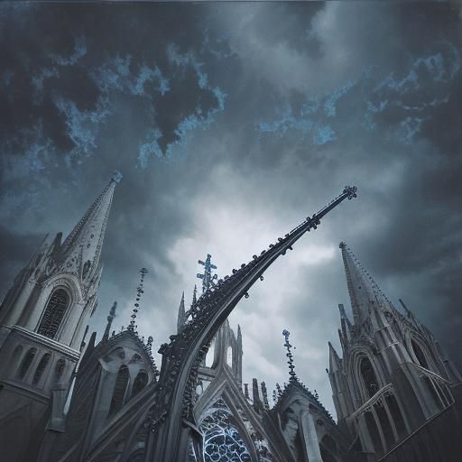 Gothic Cathedral with Blue Daisies Under Stormy Skies