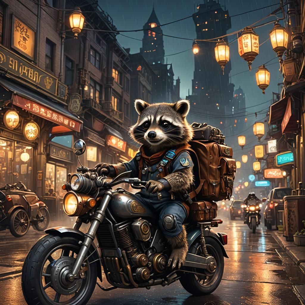 Steampunk Raccoon Rides Motorcycle Through City Night