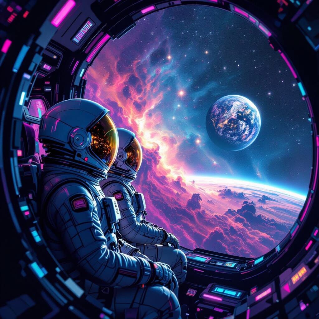 Astronauts in Spacecraft Journey Through Nebula