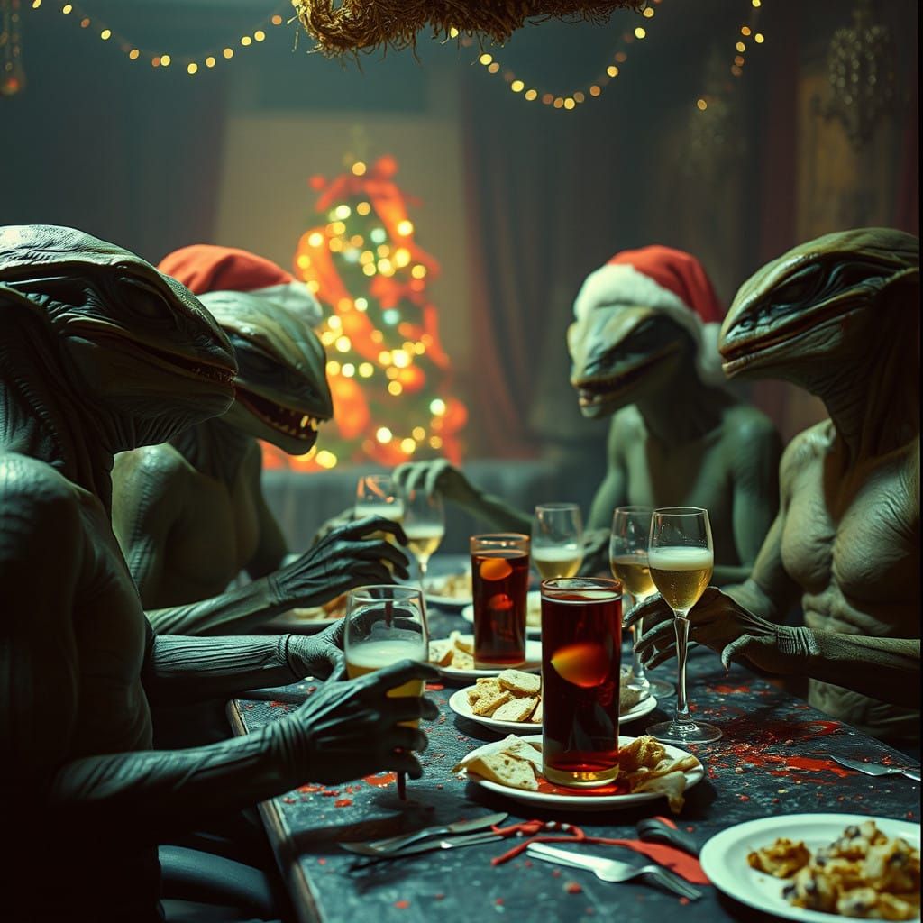 Reptilian Aliens in Cinematic Christmas Chaos