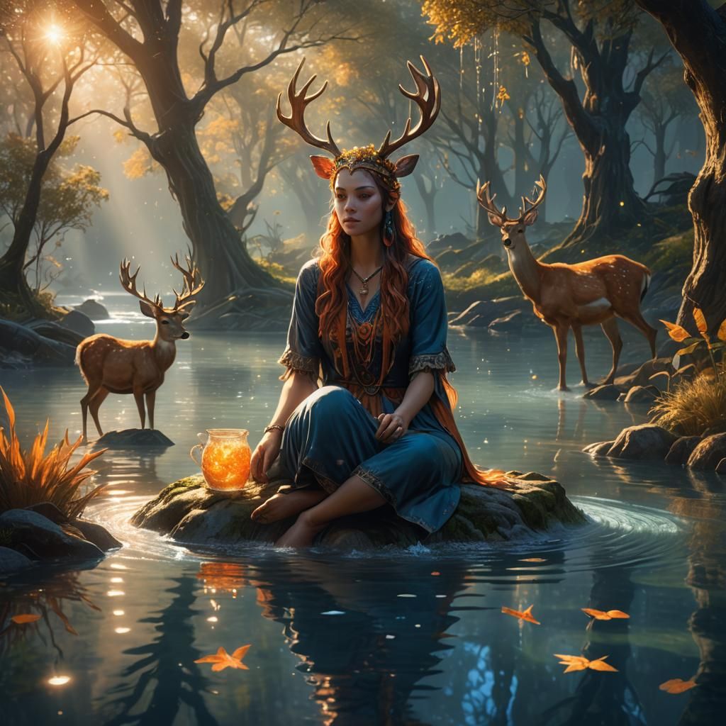 Girl and Her Animal Friends in Fantasy Landscape