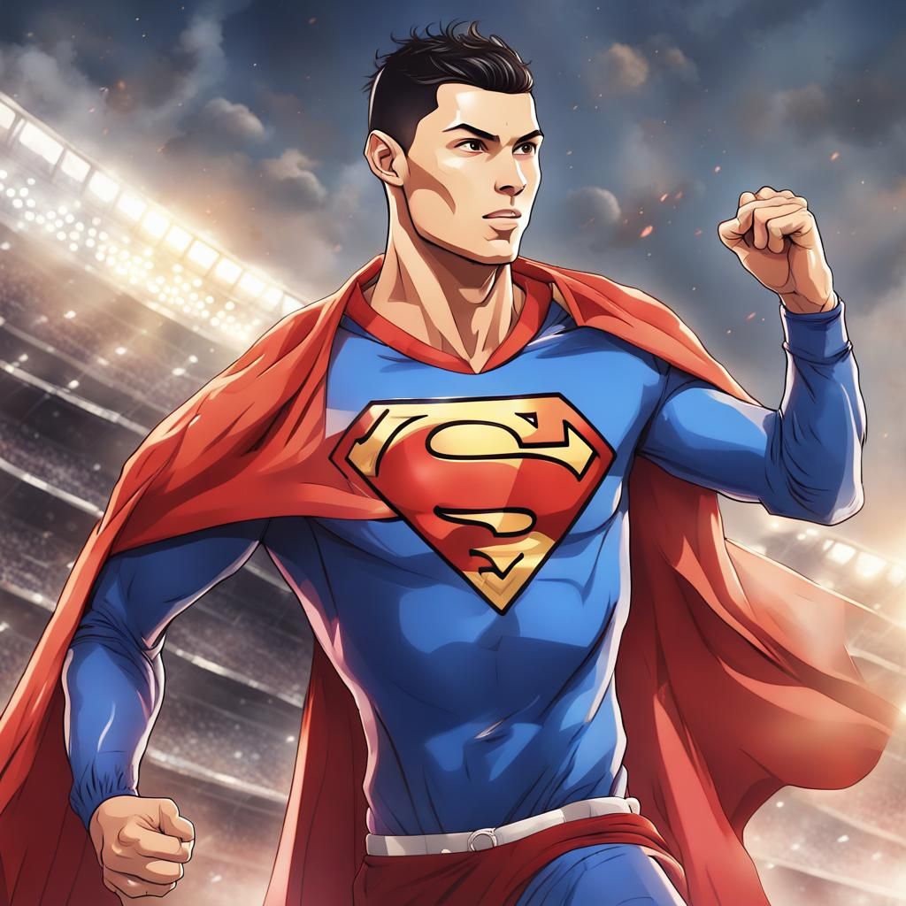 Cristiano Ronaldo donning the iconic Superman cape and emble...