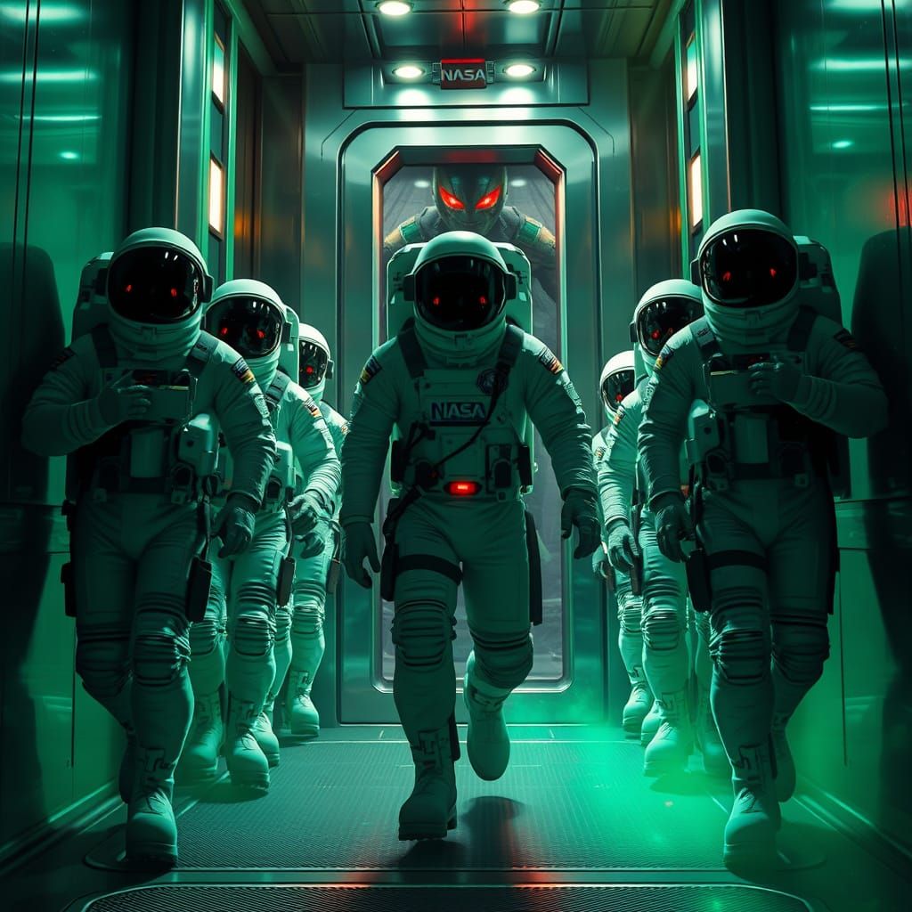 Astronauts Board Elevator with Hidden Martian Manhunter