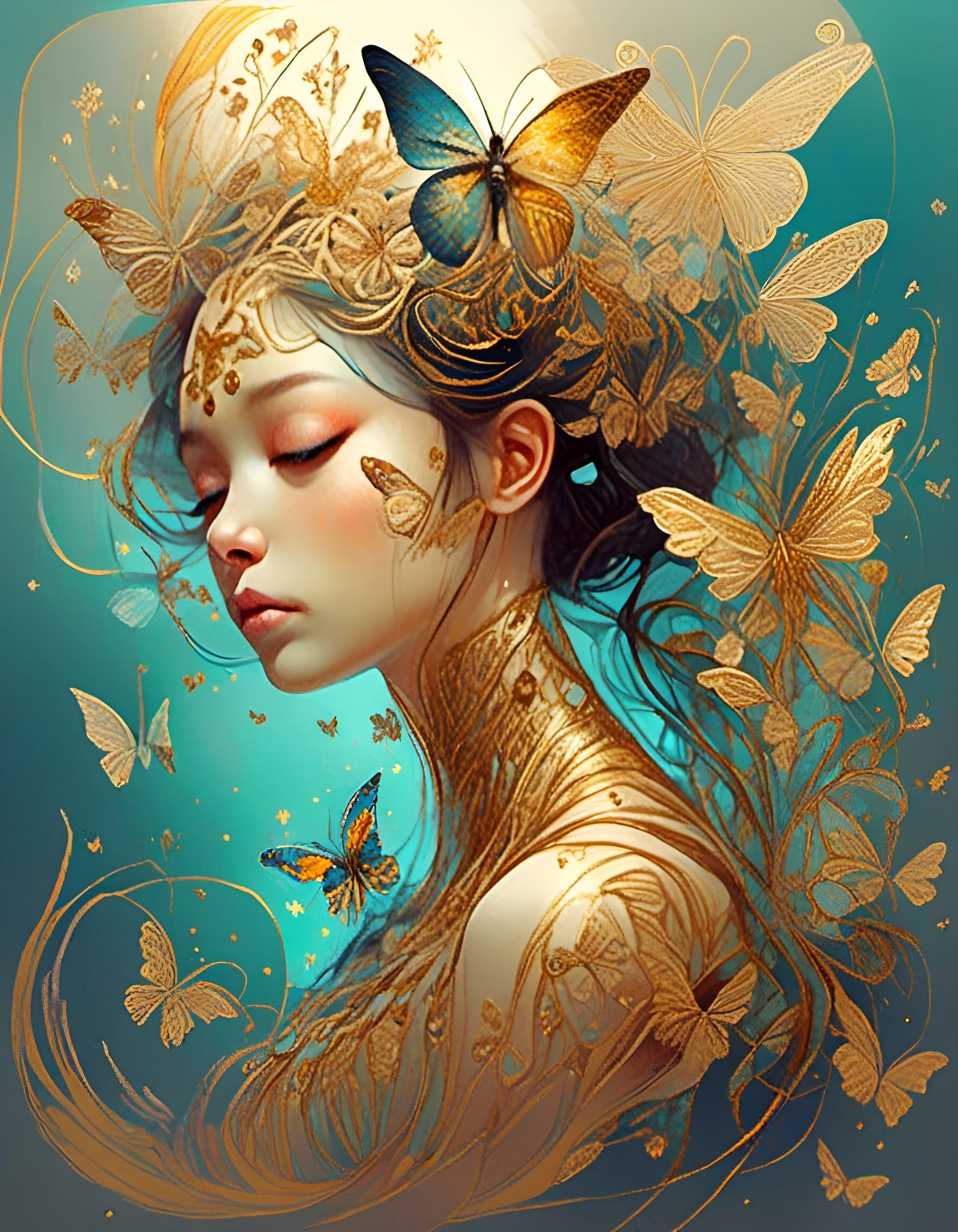 Golden Butterfly with Intricate Arabesques in Digital Painti...