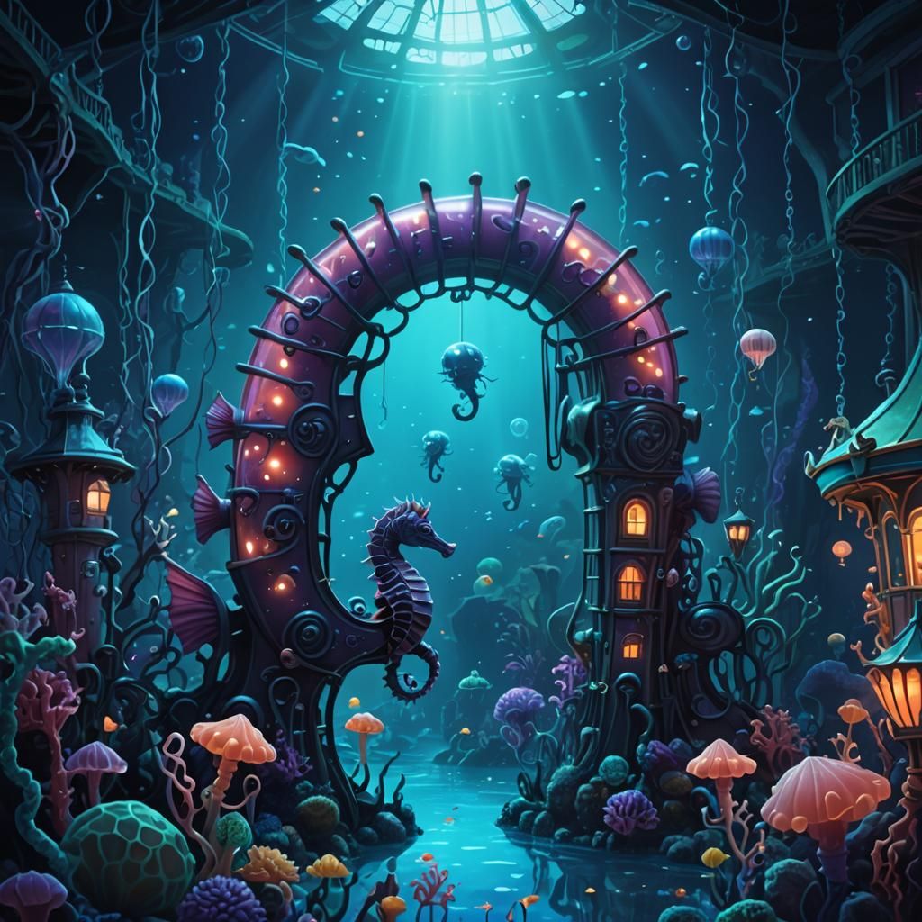 Underwater Seahorse Funhouse: Whimsical Digital Illustration