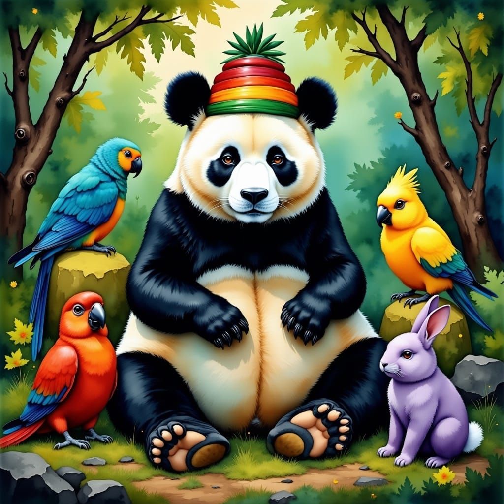 Panda with Rastafarian Hat and Colorful Animals