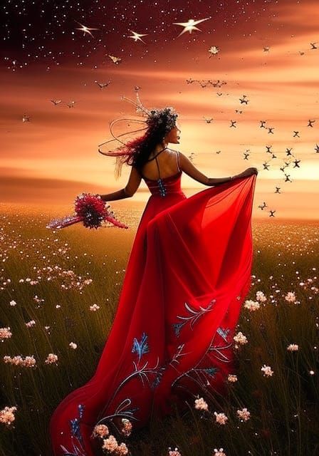 Girl in long red wery dress is dancing in a field with glowing flowers