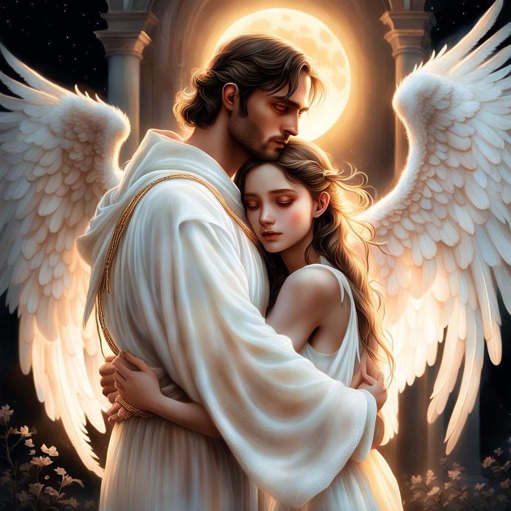 Angelic Man Embraces Girl in Gothic Romance Art