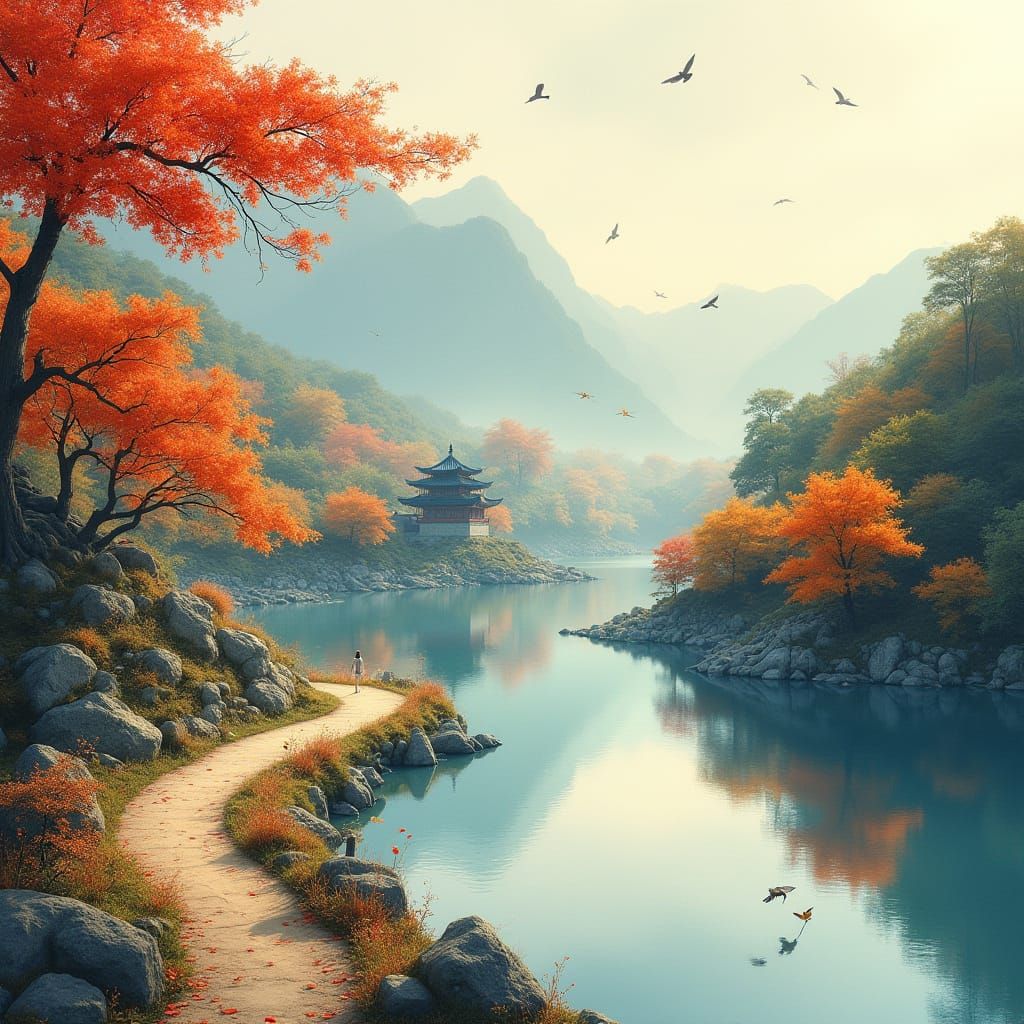 Surreal Korean Ink Wash Landscapes in Autumnal Splendor