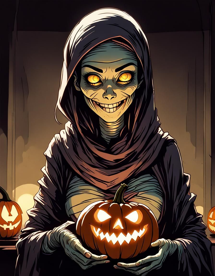 Smiling Mummy with Pumpkin in Inkpunk Style