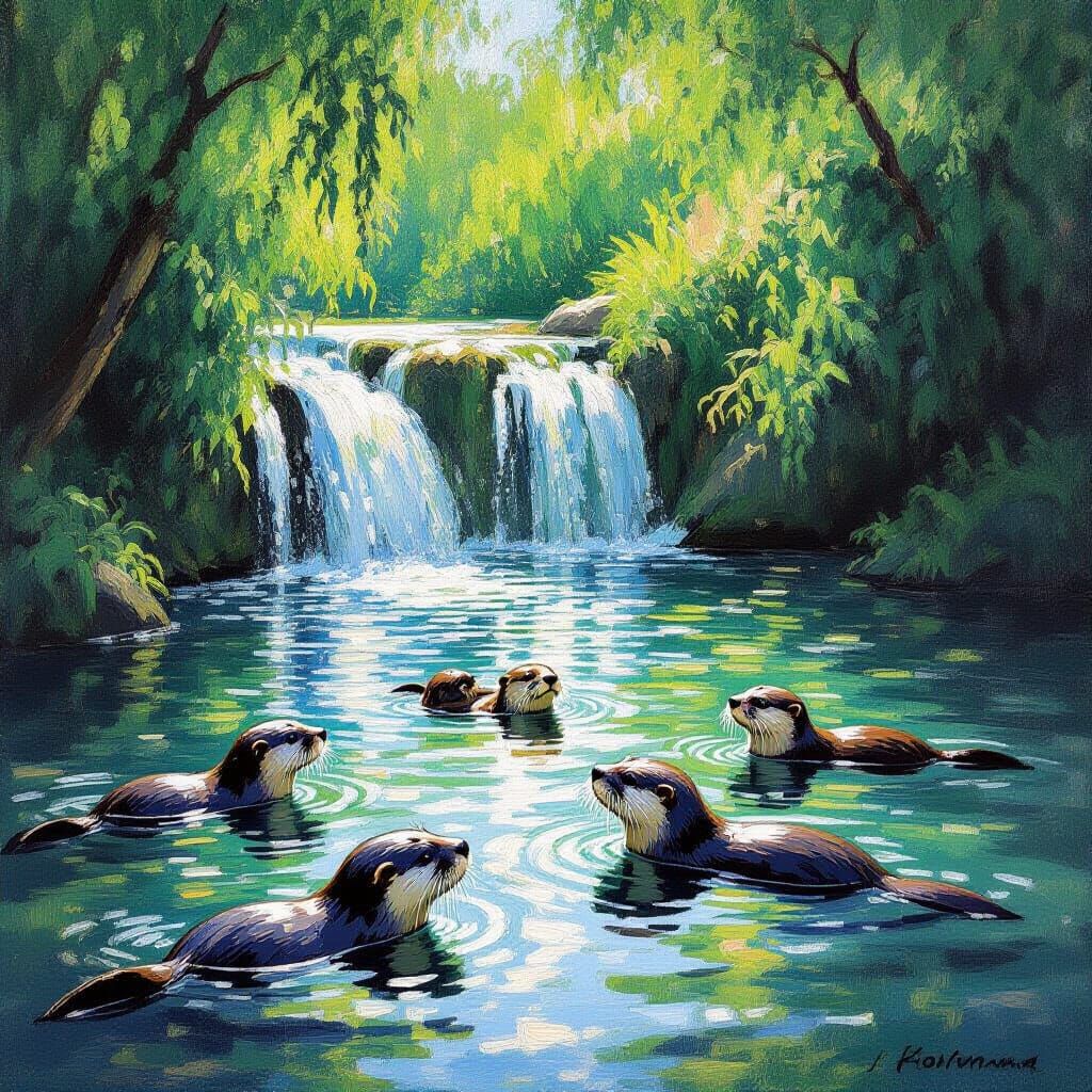 Otters Play in Waterfall Pool, Impressionist Style
