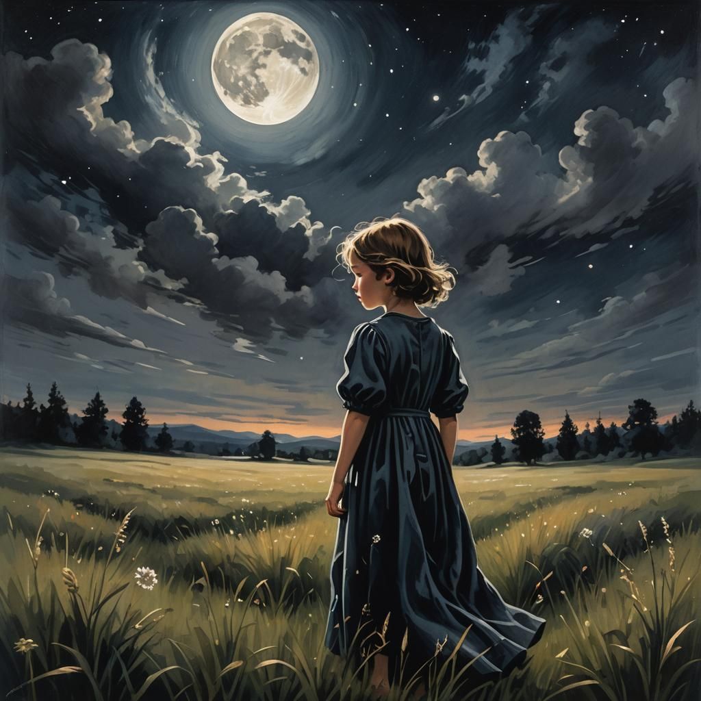 Child Gazing at Starless Sky in Whimsical Noir