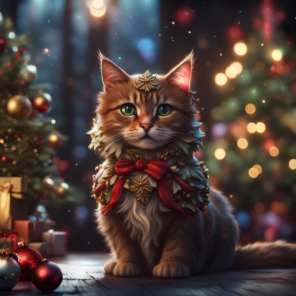 Detailed Christmas Cat Fantasy Concept Art