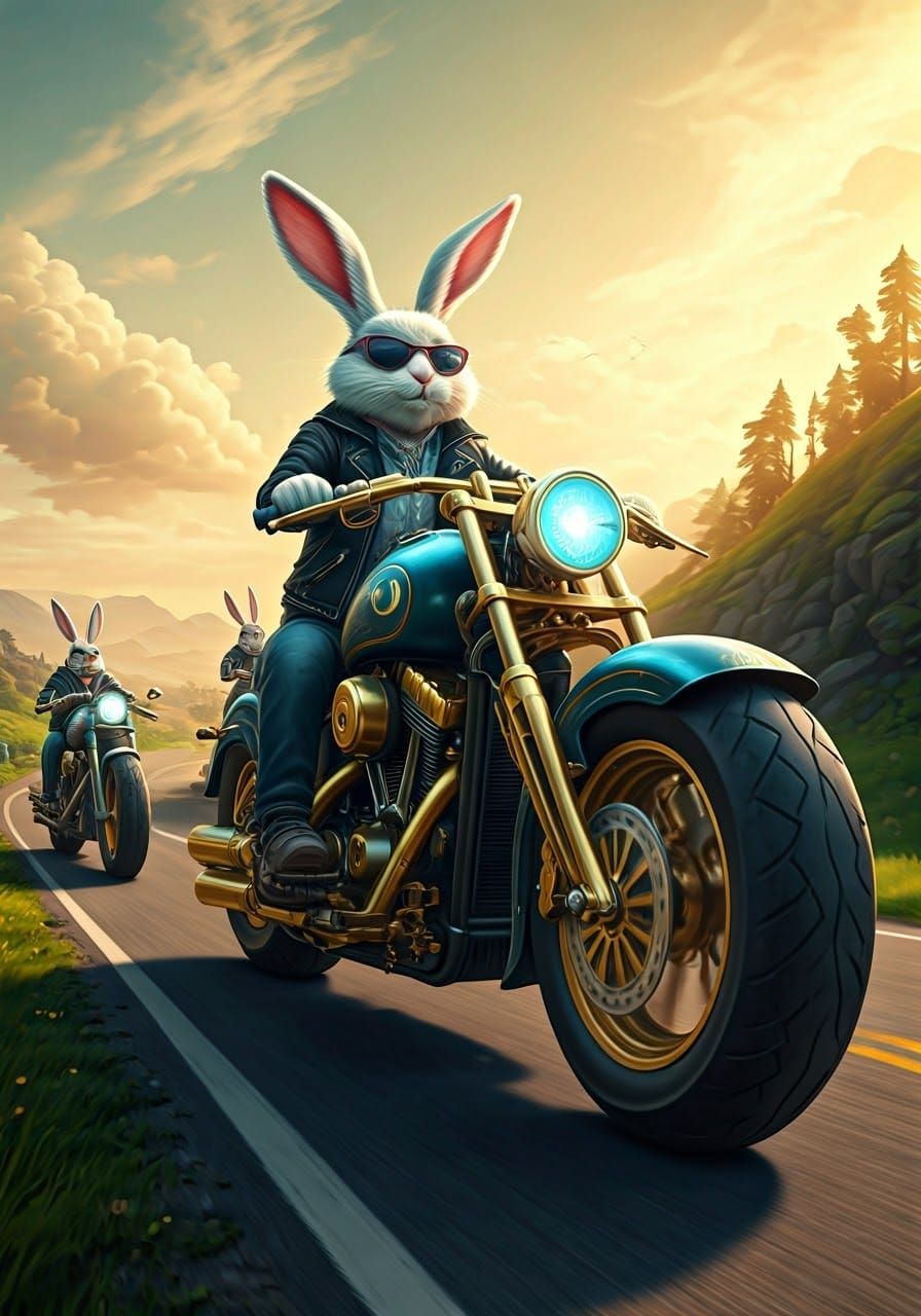 Easter Bunnies on Motorbikes in Dreamlike Landscape