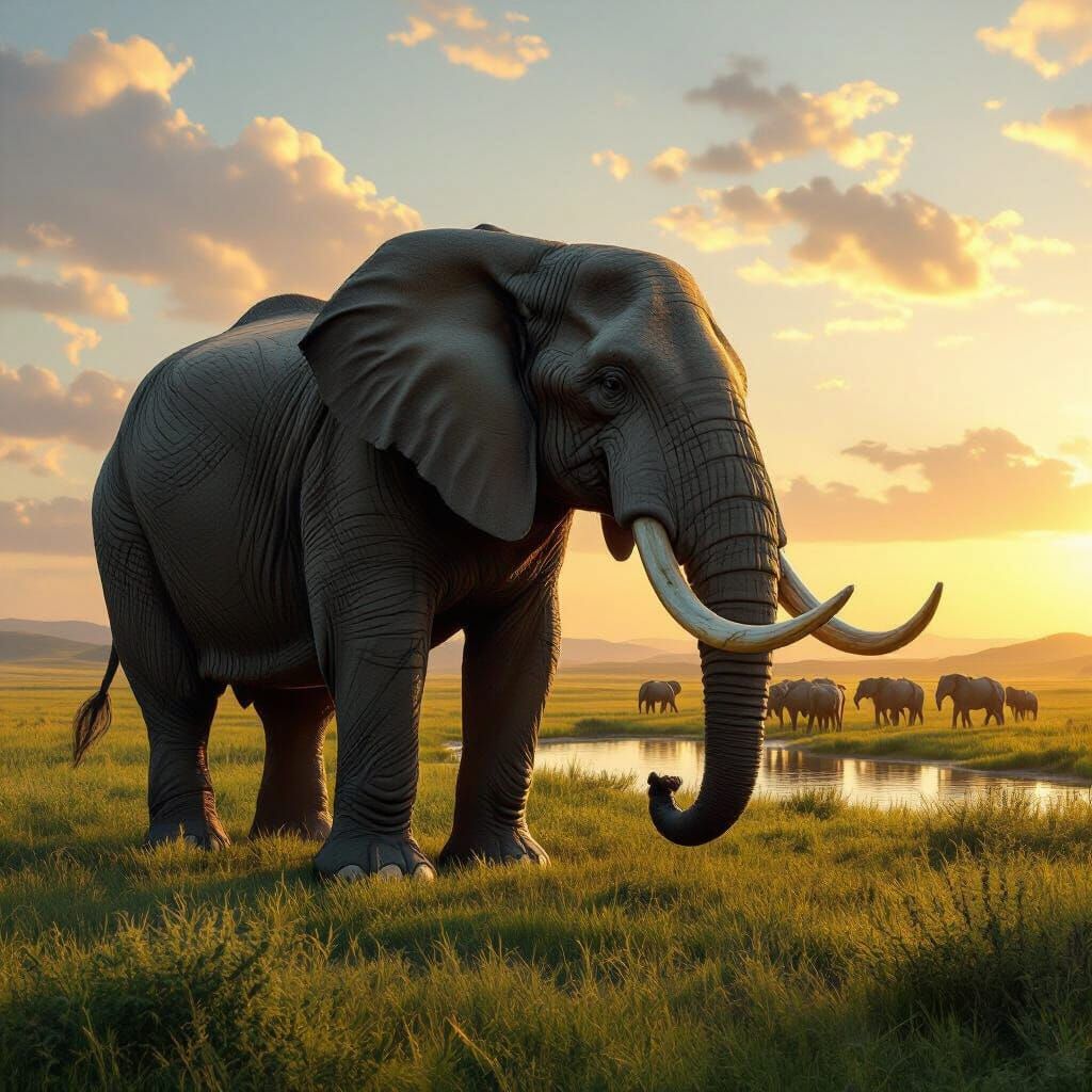 Prehistoric Elephant Grazing in Golden Sunset Light