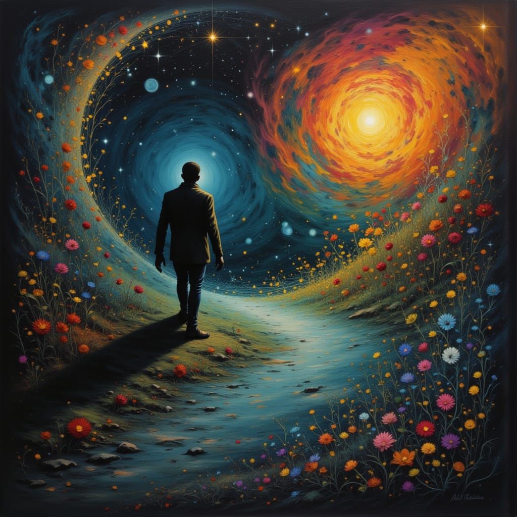 Solitary Figure Amidst Blooming Galaxy in Film Noir Style