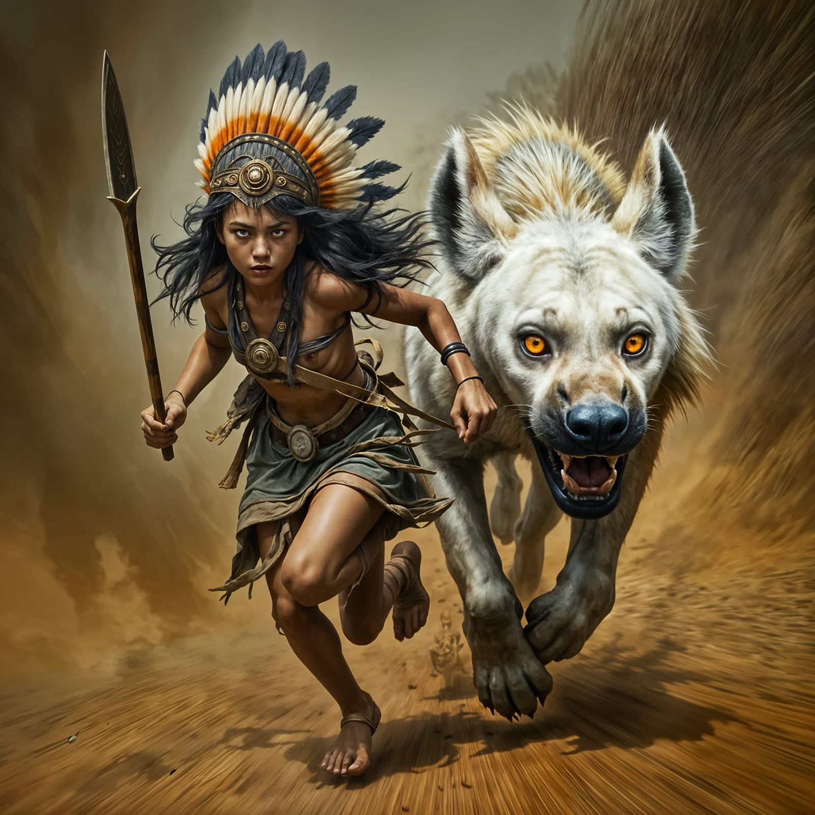 Ancient Warrior Girl and Albino Hyena in Motion