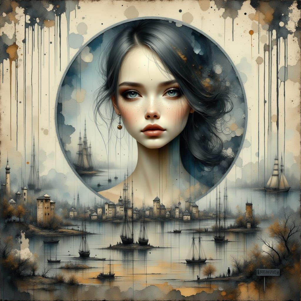 Ethereal Anime Woman in Crystal Ball Over Seascape