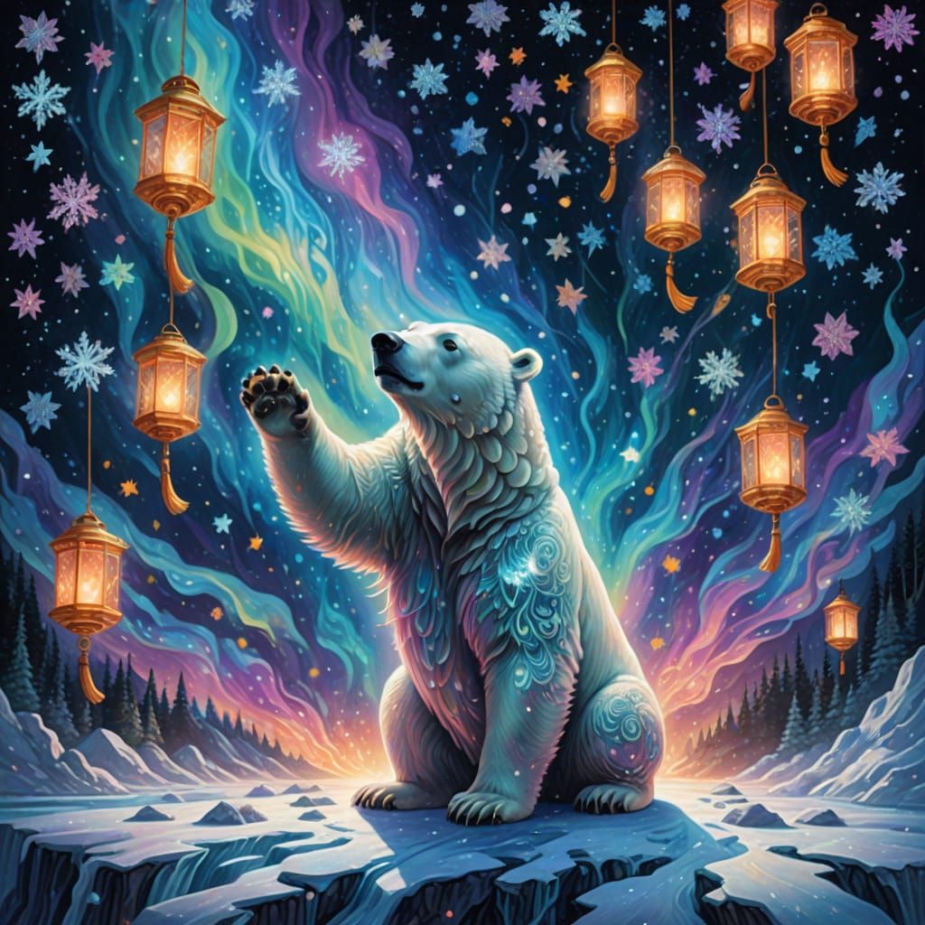 Polar bear standing on hind legs reaching out towards glowin...