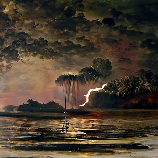 Dramatic Lightning Over Water Oil Painting