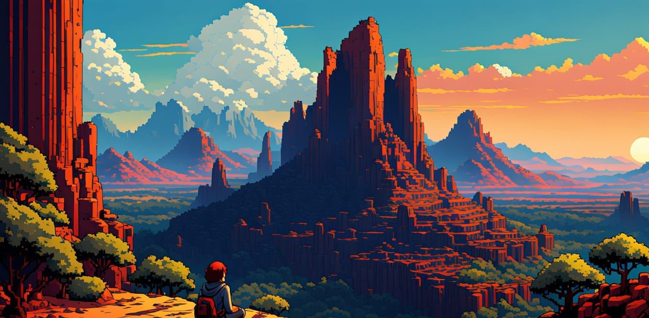 Woman Overlooks Ruined City in Pixel Art Style