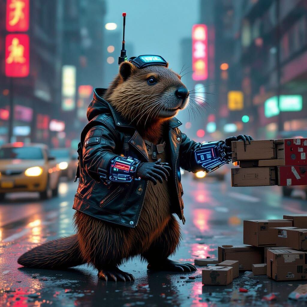 Cyberpunk Beaver Constructing Barricade with Bionic Arm