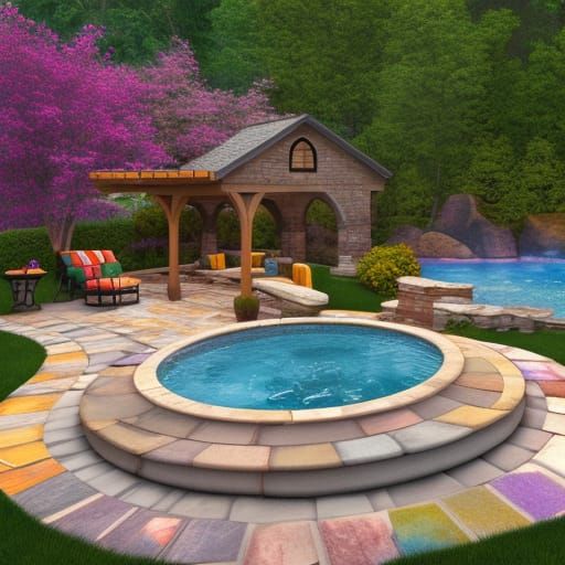 Colorful Stone Deck with Hot Tub in Detailed Realism