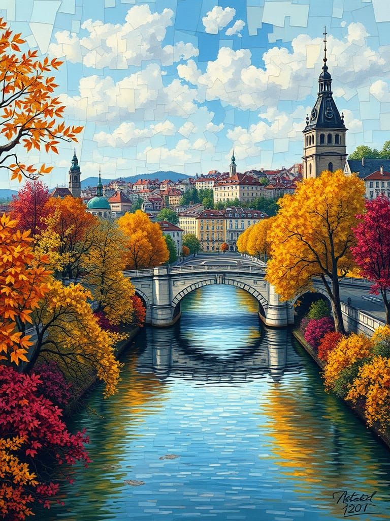 Autumn Cityscape with Bridge in Mosaic Vitrage Style