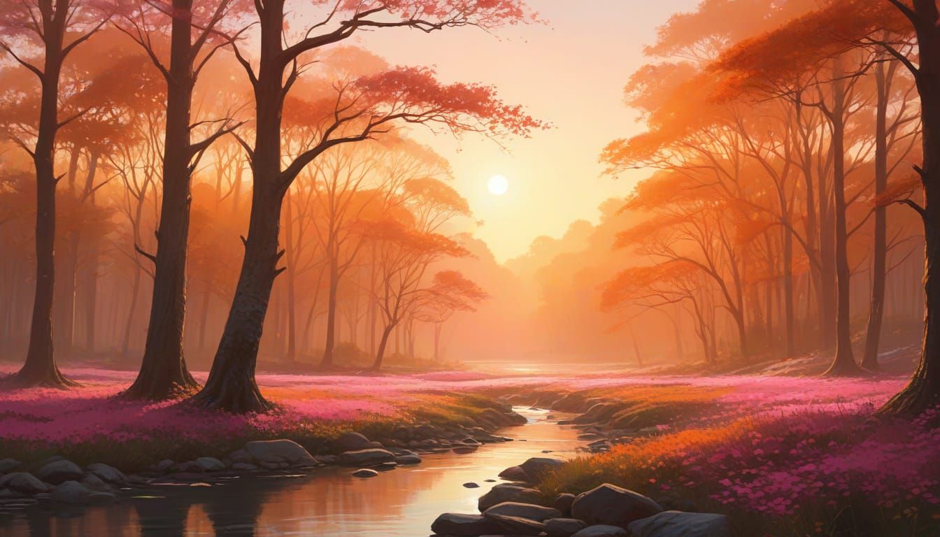Vibrant Sunrise Over Tranquil Landscape in Impressionistic S...