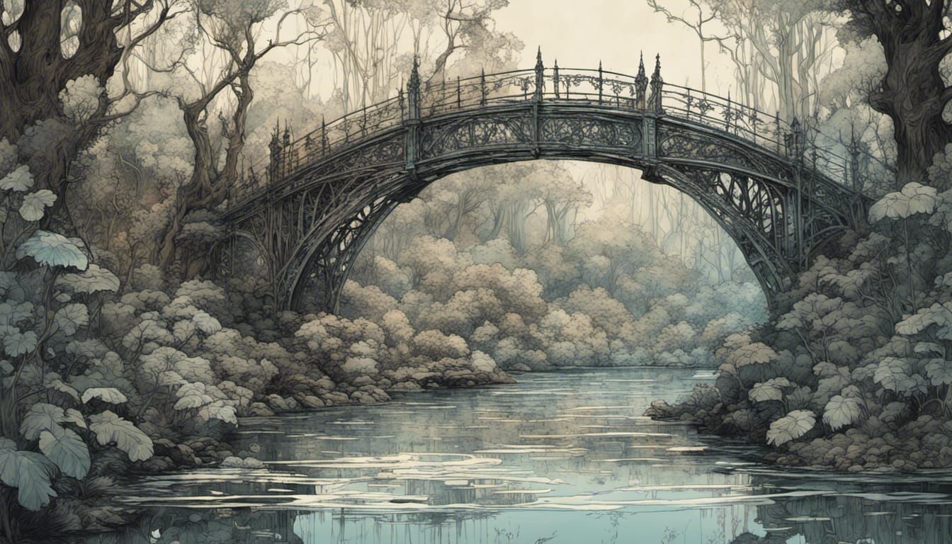 Elven Bridge Ink Illustration in Magical Forest