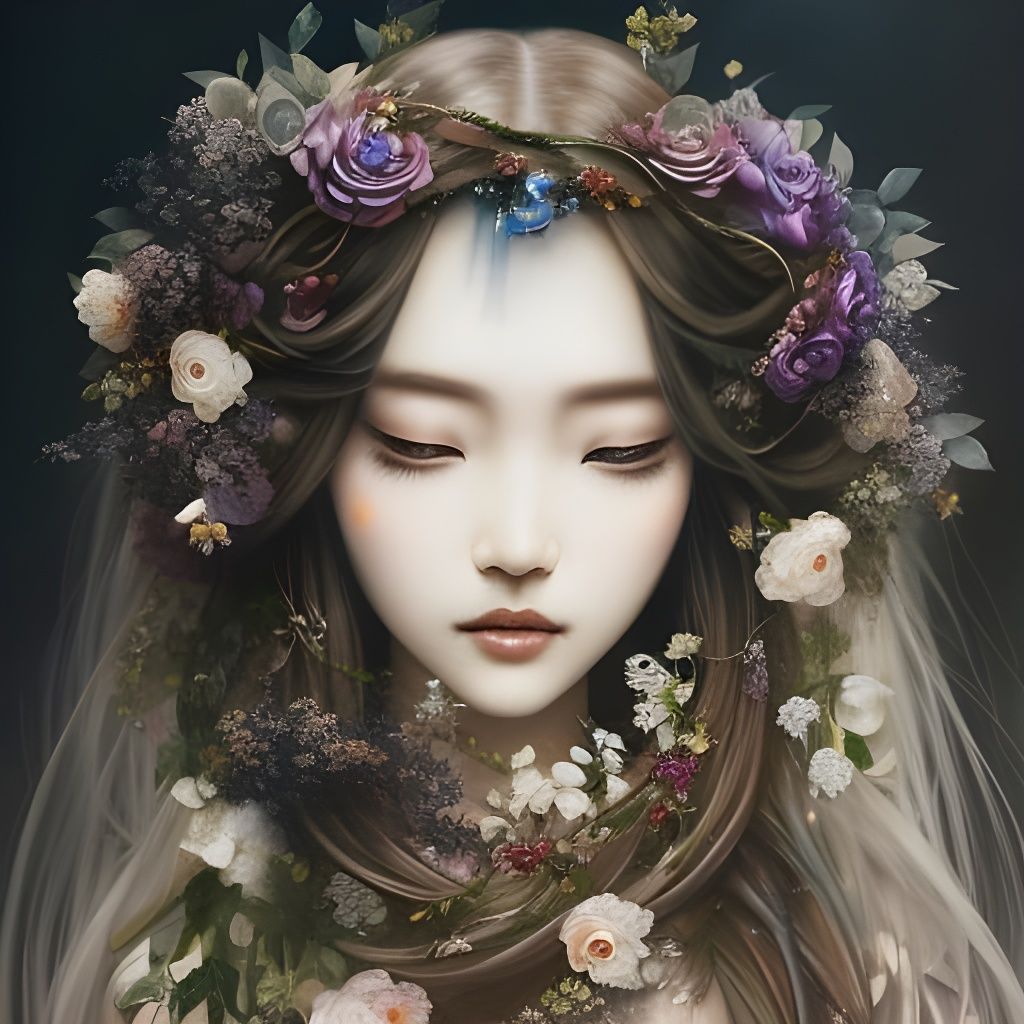 Moonstone Woman with Flowers: Watercolor Art