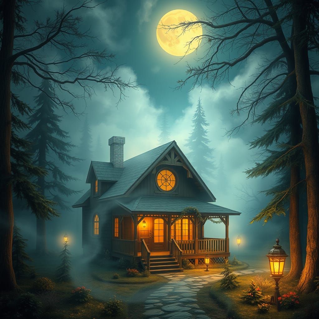 Mystical Moonlit Cabin Scene in Dreamlike Forest
