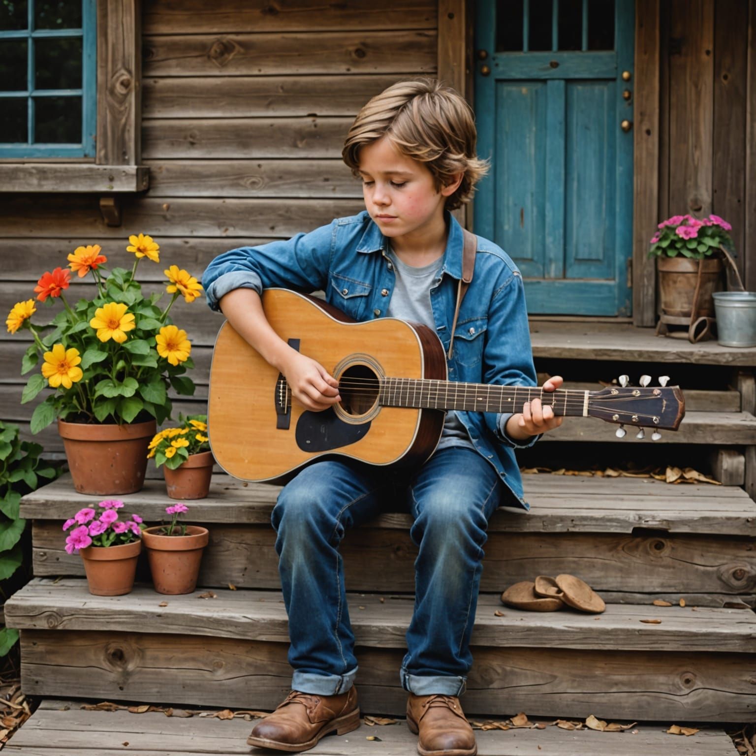 Boy Serenely Playing Guitar on Cabin Steps
