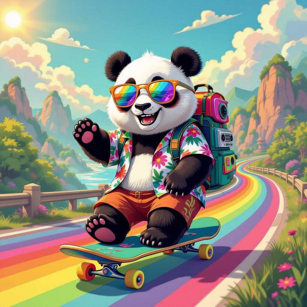 Psychedelic Panda Skateboarder on Rainbow Road