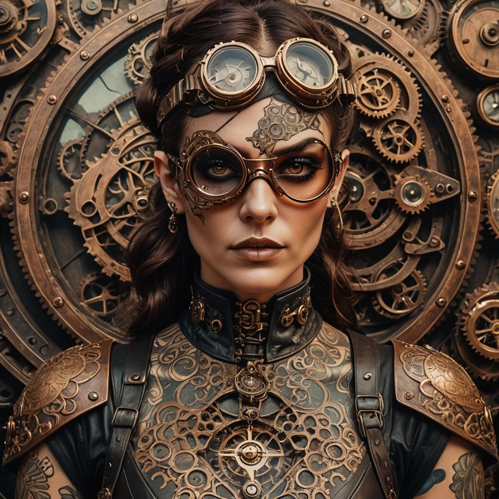 Steampunk Woman Portrait with Clockwork Tattoos