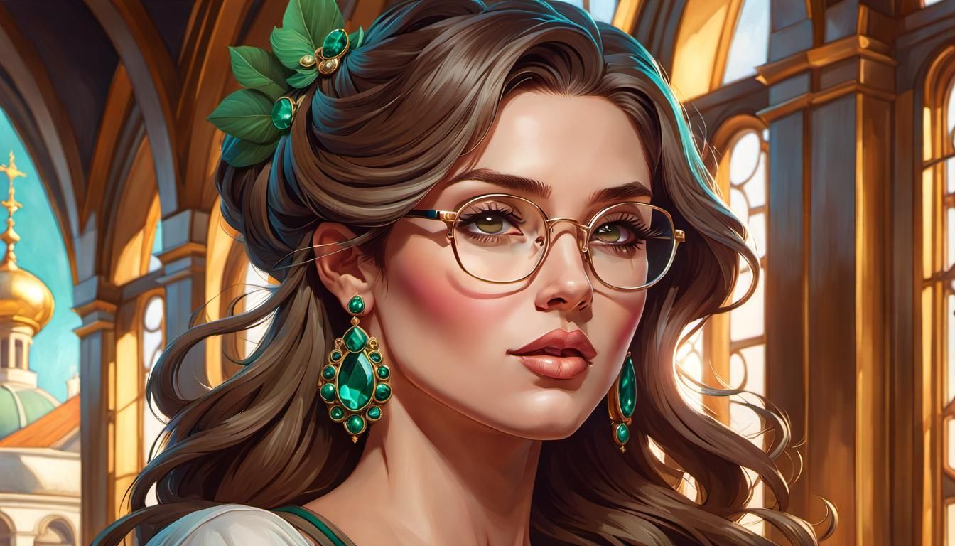 Beautiful Woman with Emerald Earrings: Art Nouveau Portrait