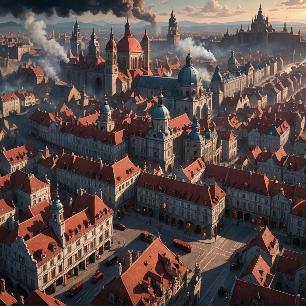Baroque City with Steam Trains, Fantasy Art