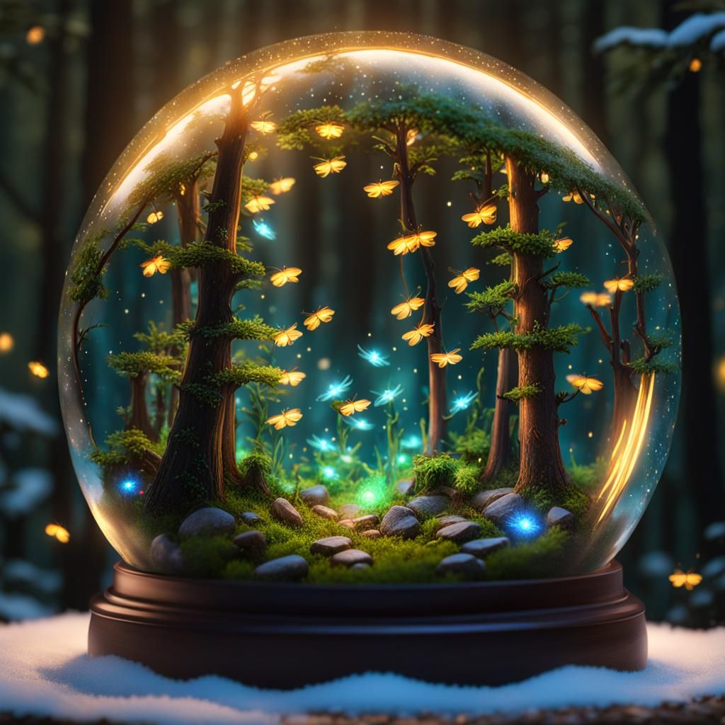 Firefly Forest in Snow Globe: Detailed Matte Painting