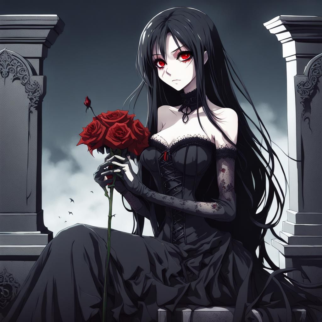 Anime Vampire Girl with Rose on Gravestone