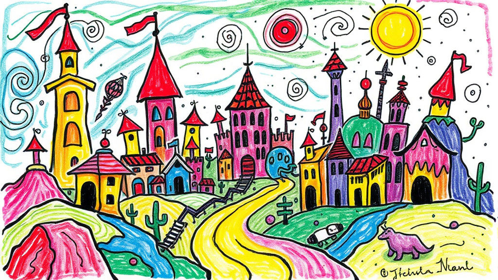 Dreamlike Bizarro Land in Crayon Style