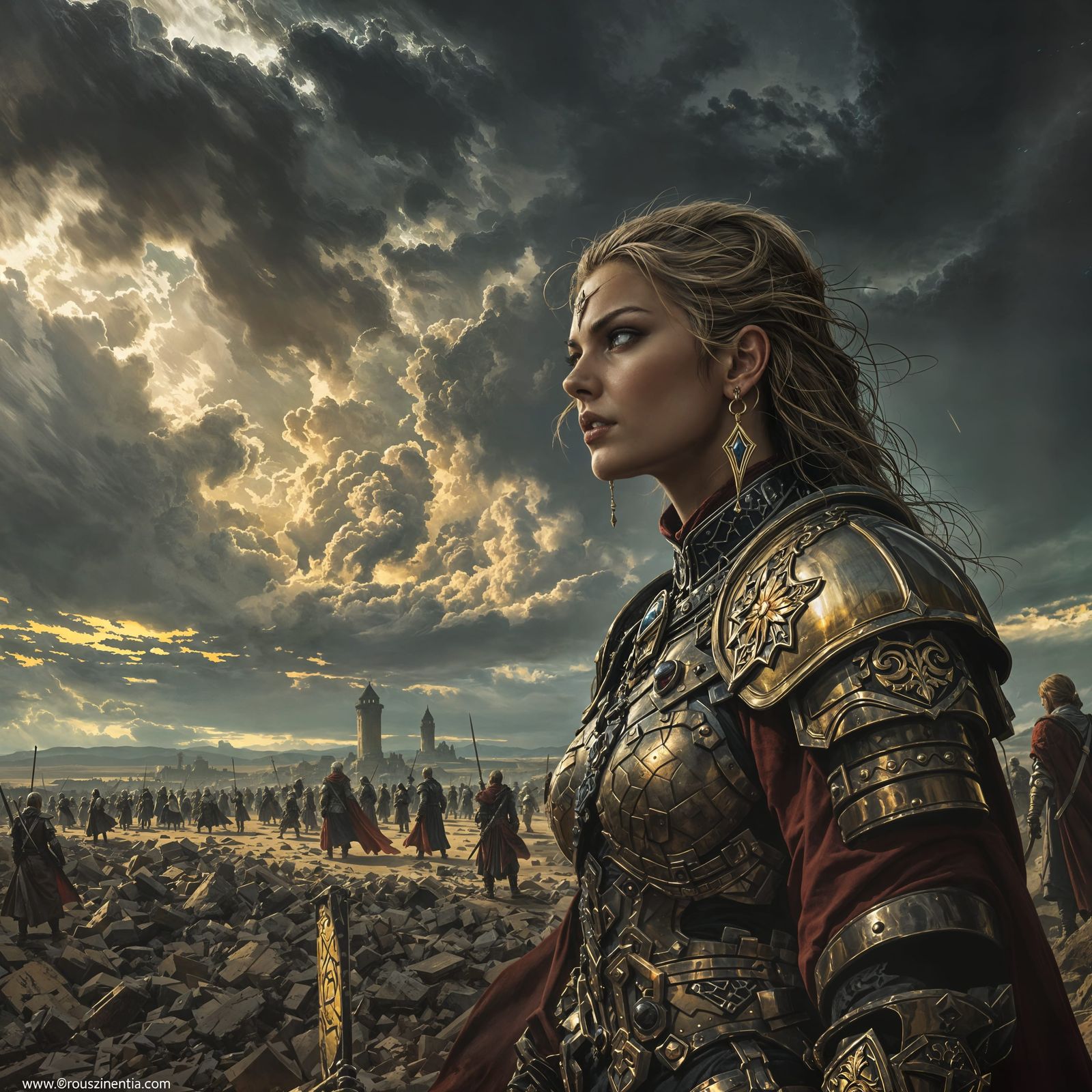 Stoic Female General in Battle-Torn Landscape