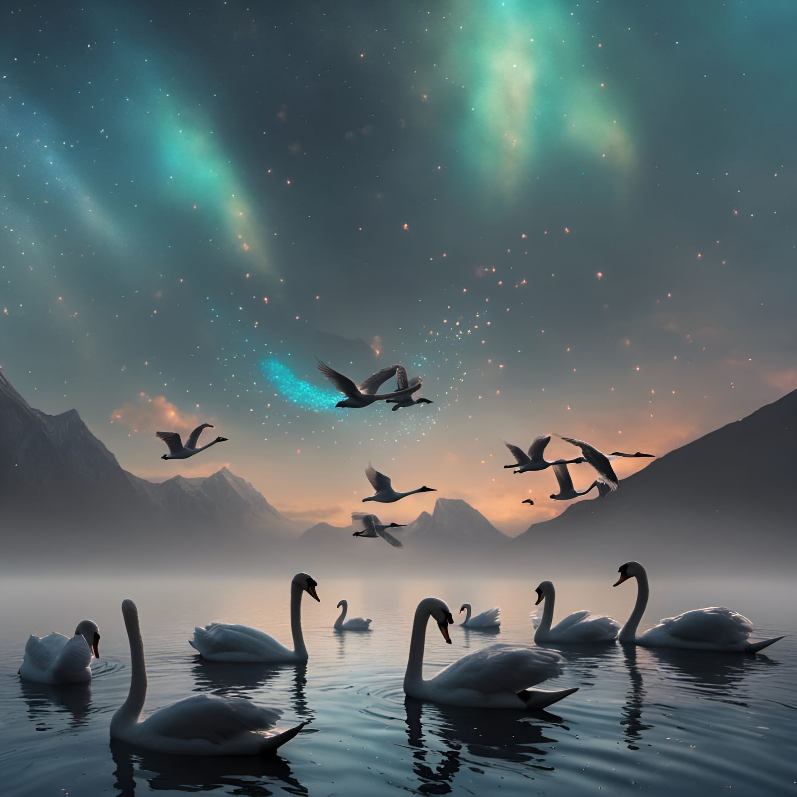 Swans Ascend With Glitter Trails