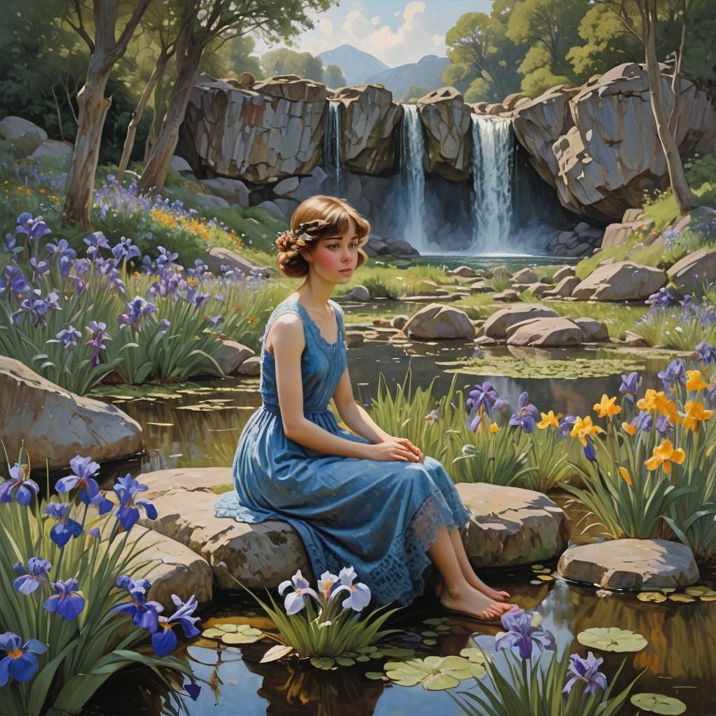 Girls Collecting Iris Flowers: Oil Painting