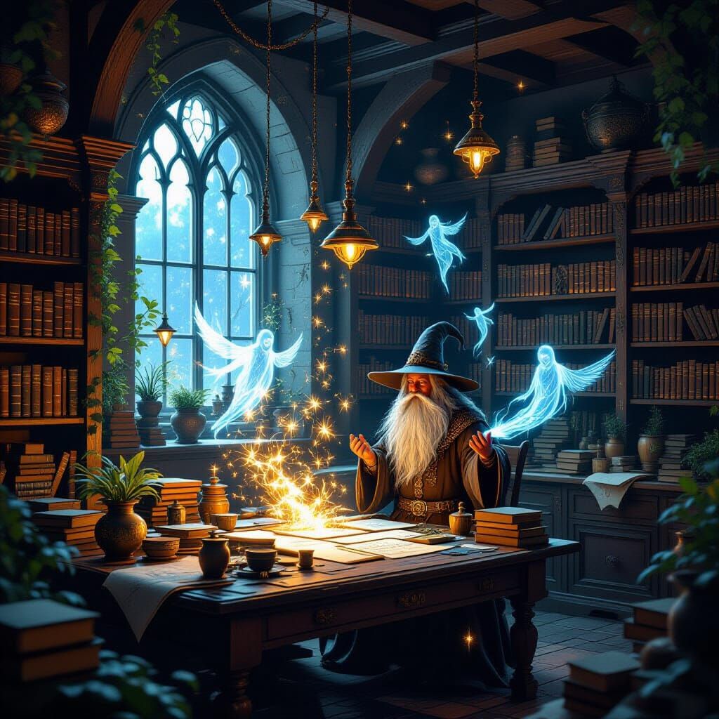 Magical Workshop with Levitating Tools and Glowing Herbs