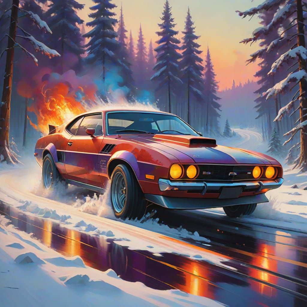 Surreal Flames Erupt from Speeding Car in Snowy Forest