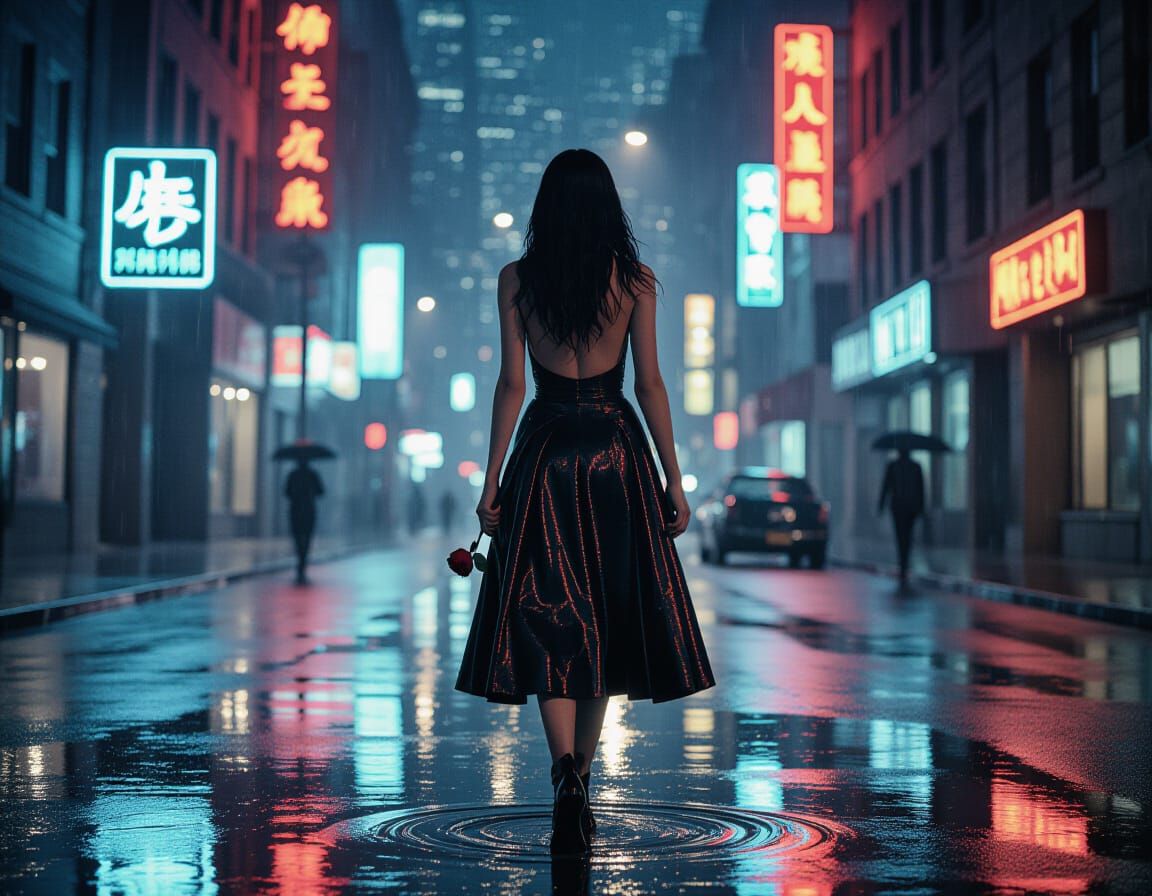 Model with Rose on Wet City Street at Night