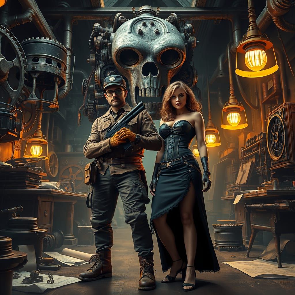 Steampunk Mechanic and Woman in Workshop