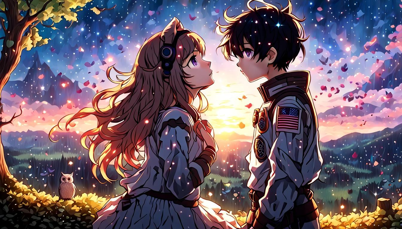 Anime Protagonist and Owl in Ethereal Moonscape